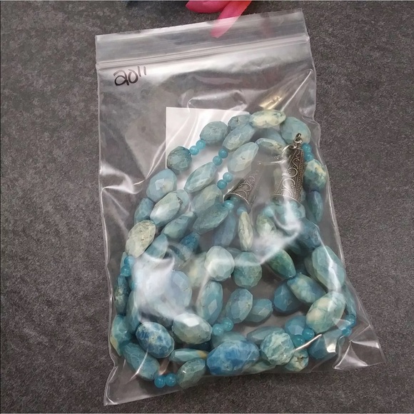 Handmade Blue Gemstone Multi Strand Geometric Shapes Necklace. 20” - Picture 9 of 9